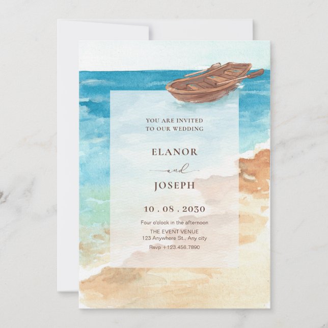 Invitation Mariage de peinture d'aquarelle bleu mer (Devant)