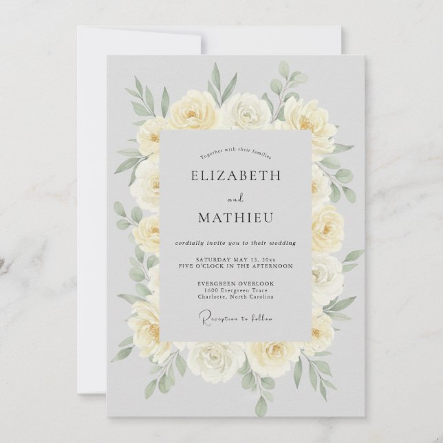 Invitation Mariage de Péonie de Crème Antique Argentée (Devant)