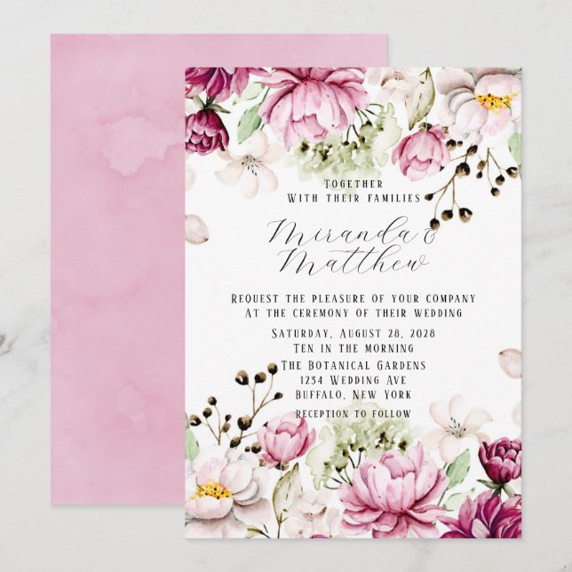 Invitation Mariage de Peony rose pâle et Rose poussiéreux (Devant / Derrière)