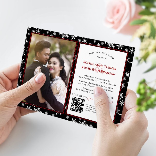 Invitation Mariage de photo de flocons de neige de vacances d (winter holidays photo wedding, snowflakes photo winter wedding, red buffalo plaid wedding invitation)