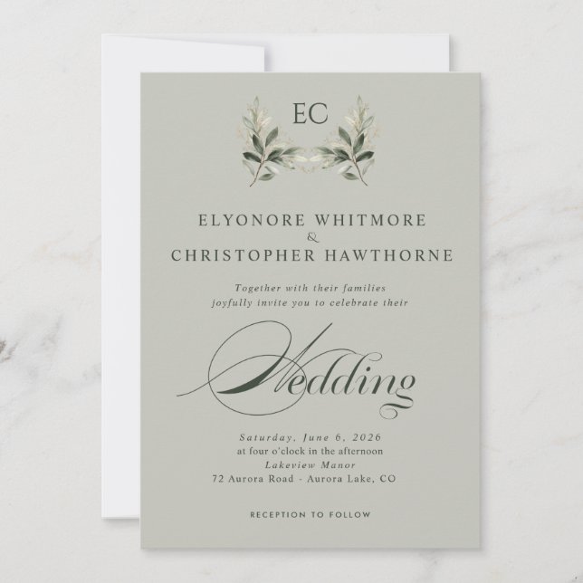 Invitation Mariage de photo de monogramme de branche d'olive  (Devant)
