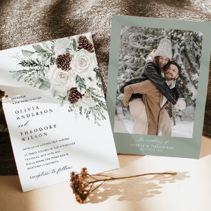 Invitation Mariage de Photo de Pins Floraux d'Hiver de Vert S