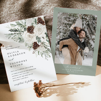 Invitation Mariage de Photo de Pins Floraux d'Hiver de Vert S