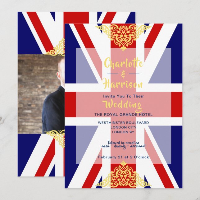 Invitation Mariage de photo en bleu rouge Union Jack (Devant / Derrière)