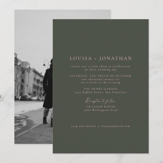 Invitation Mariage de photo minimaliste rose vert (Devant / Derrière)