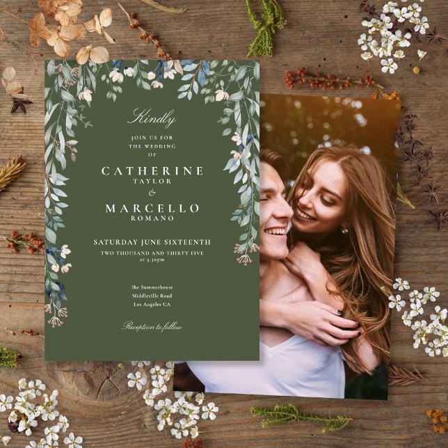 Invitation Mariage de photos florales Fleurs sauvages vert ol (Olive Green Wildflowers Floral Photo Wedding Invitation)