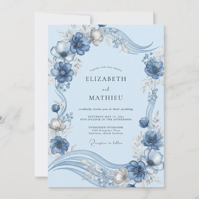 Invitation Mariage de Pivoine Bleue Poudrée (Devant)