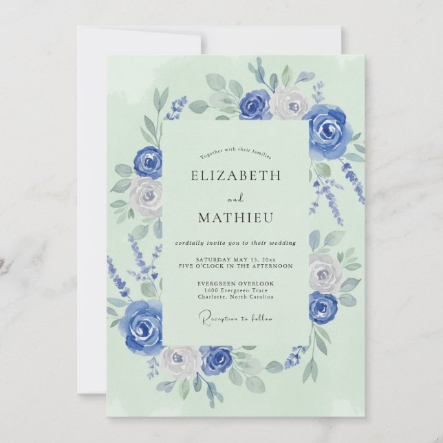 Invitation Mariage de Pivoine Cerulean Menthe (Devant)