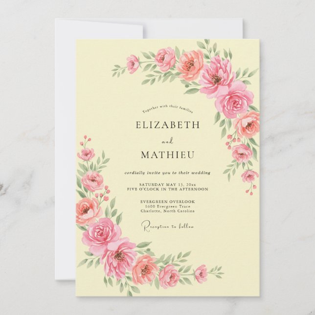 Invitation Mariage de pivoine jaune pâle côtier (Devant)
