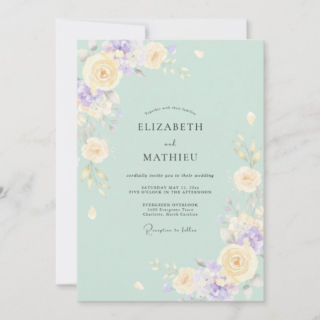 Invitation Mariage de Pivoine Lilas Menthe (Devant)