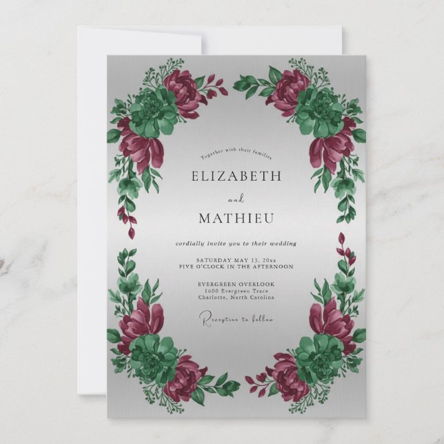 Invitation Mariage de Pivoine Magenta Argent (Devant)