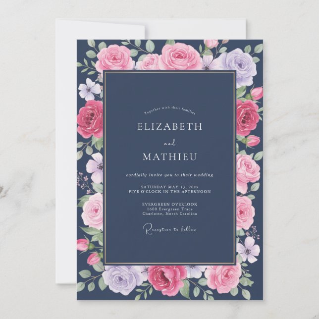 Invitation Mariage de Pivoine Magenta de Minuit (Devant)