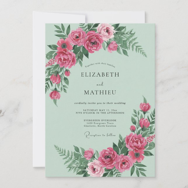 Invitation Mariage de Pivoine Magenta Menthe (Devant)