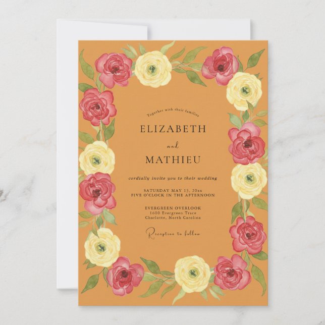 Invitation Mariage de Pivoine Magenta Ocre Botanique (Devant)