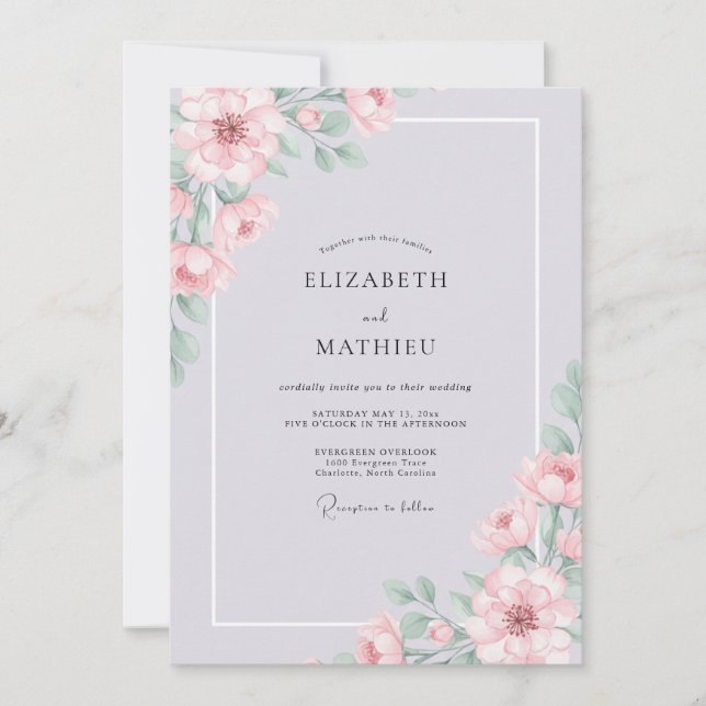 Invitation Mariage de Pivoine Pérywinkle Argenté (Devant)