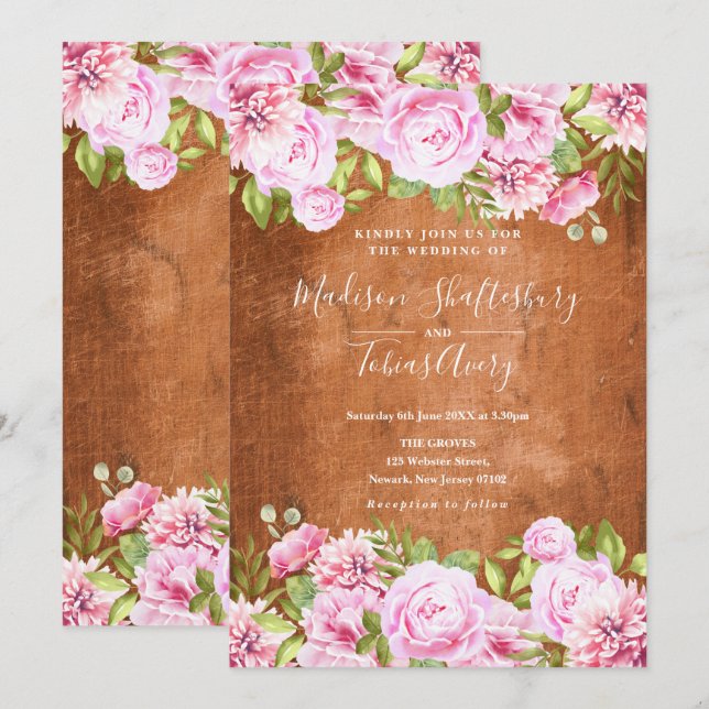 Invitation Mariage de pivoine rose pâle de verdure rustique (Devant / Derrière)