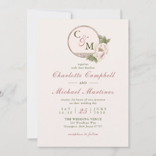 Invitation Mariage de pivoine rose simple Monogramme