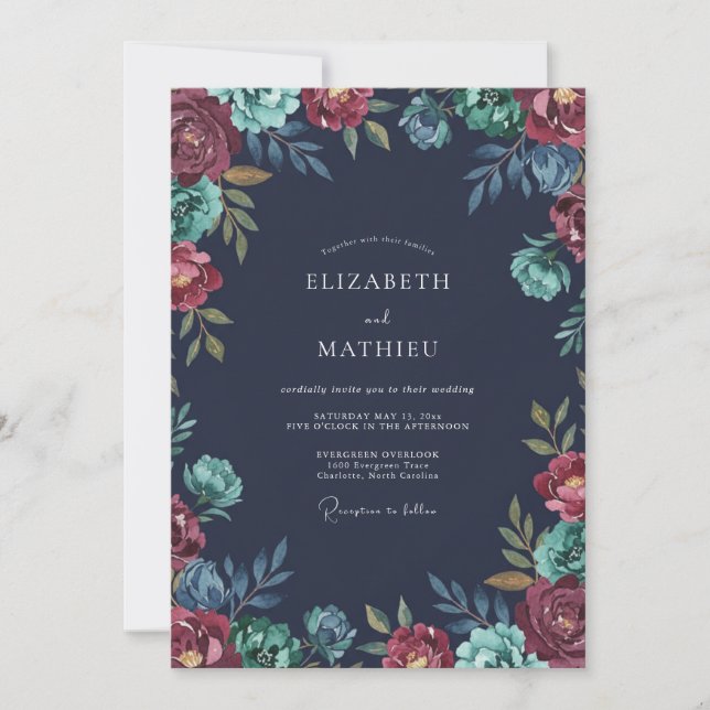 Invitation Mariage de Pivoine sarcelle de minuit (Devant)