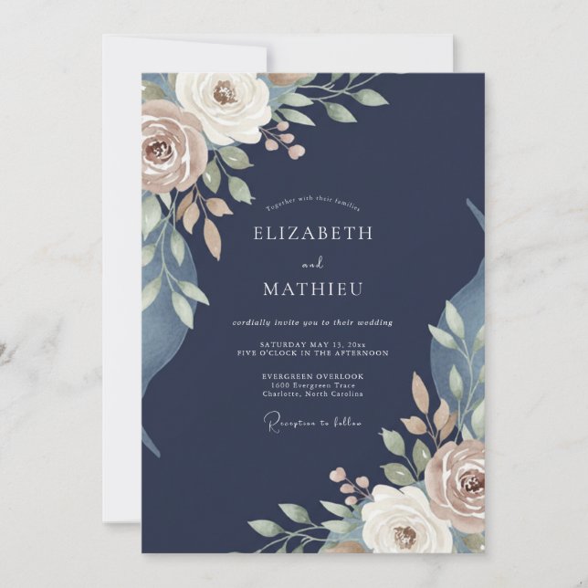 Invitation Mariage de Pivoine Taupe de Minuit (Devant)