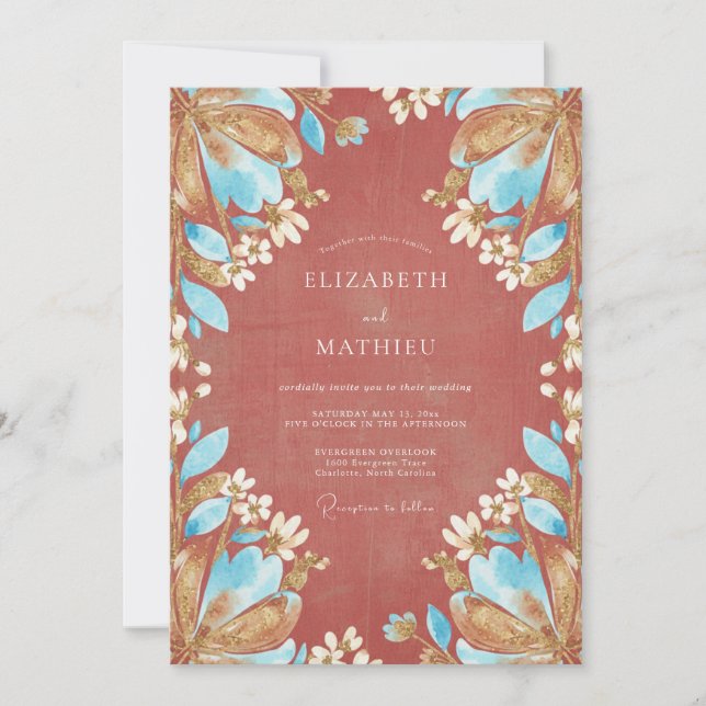 Invitation Mariage de Pivoine Turquoise Terracotta (Devant)