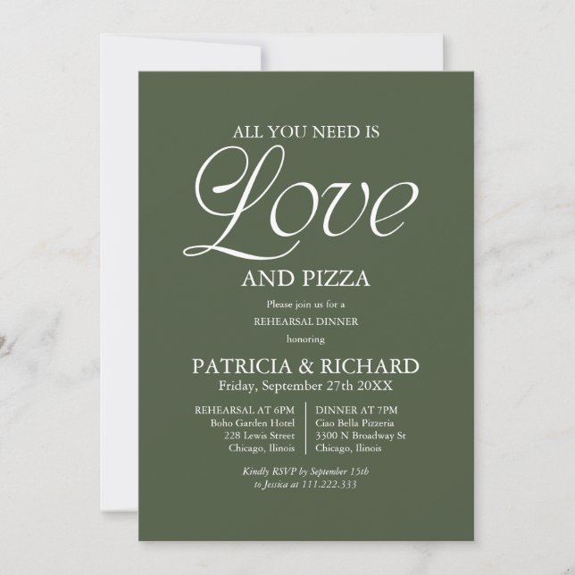 Invitation Mariage de Pizza Vert Forêt Moderne Répétition (Devant)