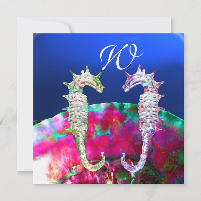Invitation MARIAGE DE PLAGE À HIPOCAMPES, monogramme rose ble (Devant)