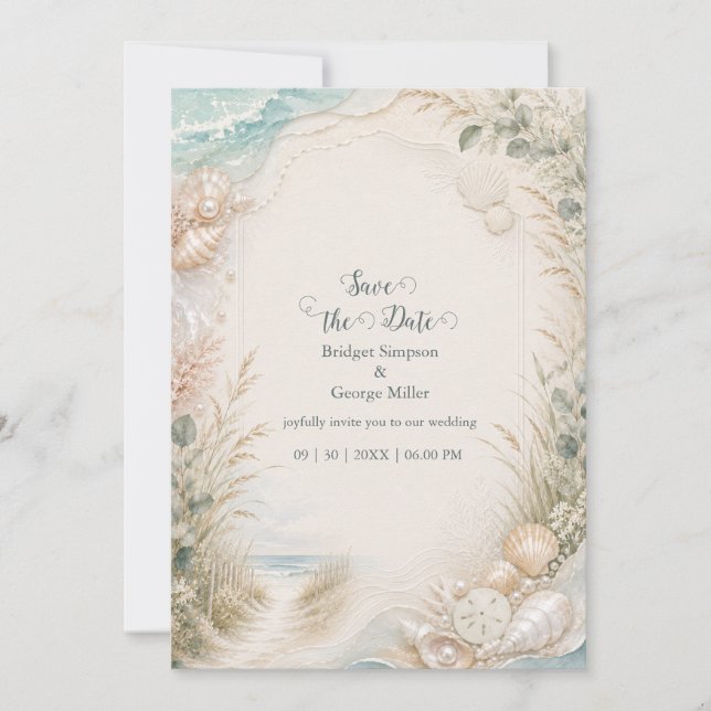 Invitation Mariage de plage à l'aquarelle romantique sur la c (Devant)