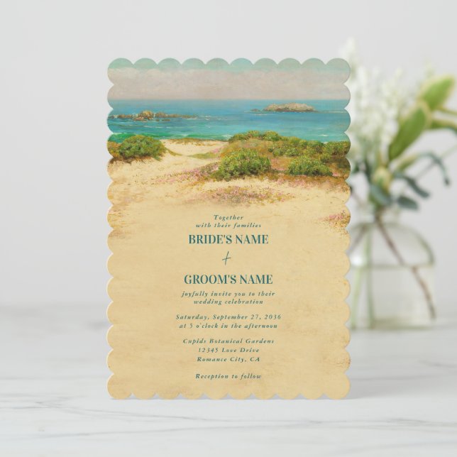 Invitation Mariage de plage à l'aquarelle sur la côte (Debout devant)
