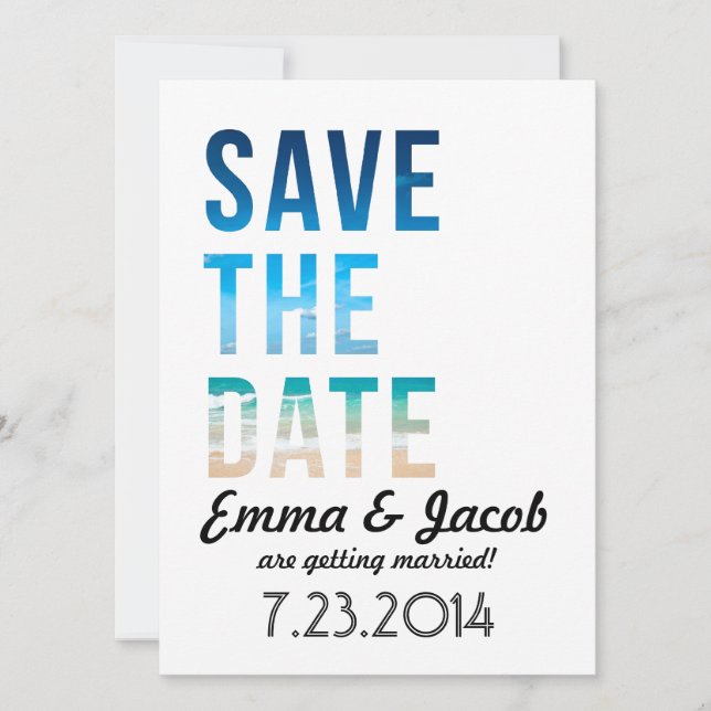 Invitation Mariage de plage à typographie moderne Enregistrez (Devant)