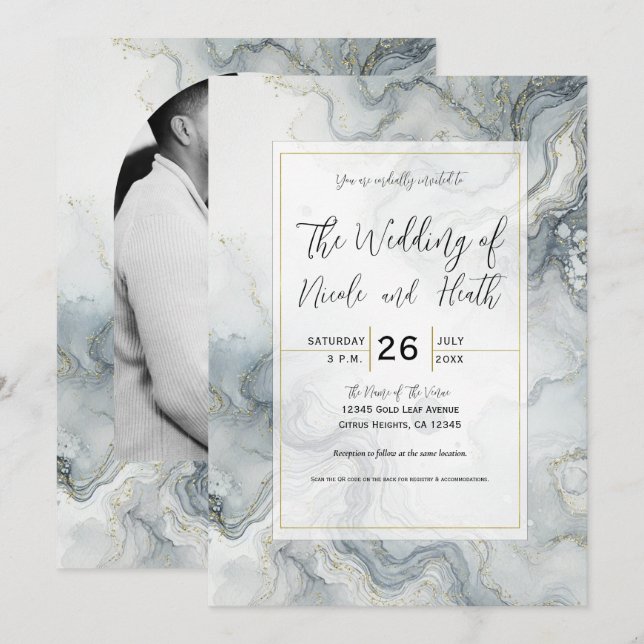 Invitation Mariage de plage aquarelle bleu gris et or (Devant / Derrière)