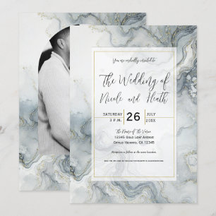 Invitation Mariage de plage aquarelle bleu gris et or