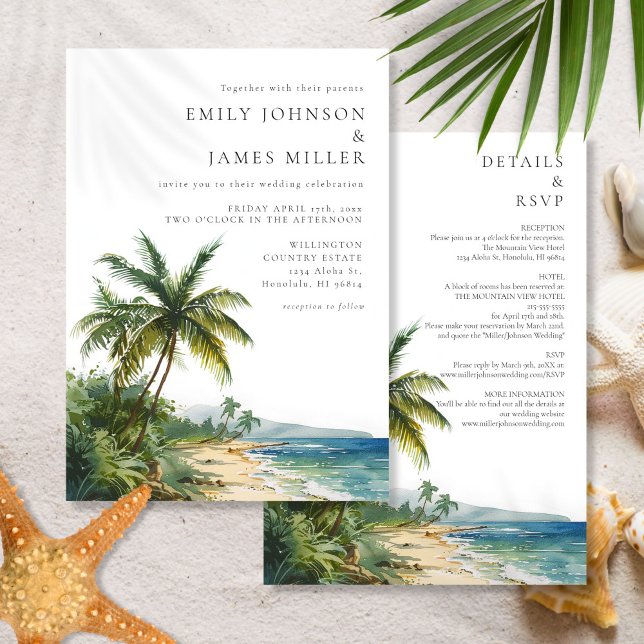 Invitation Mariage de plage aquarelle moderne tout en un (Modern All In One Watercolor Beach Wedding Invitation)