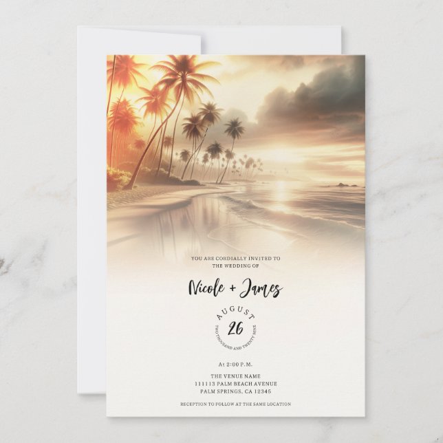 Invitation Mariage de plage au coucher du soleil avec des pal (Devant)