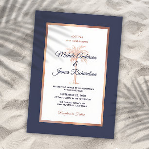 Invitation Mariage de plage au palmier en bleu marine, or ros