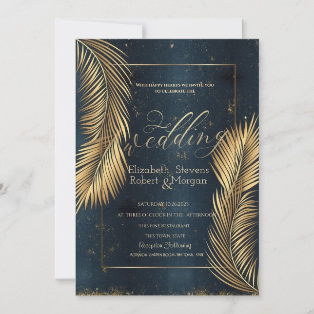 Invitation Mariage de plage aux feuilles de palmier dorées (Devant)