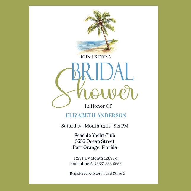 Invitation Mariage de plage aux palmiers (Tropical beach bridal shower invitation with palm tree watercolor and coastal seaside theme in blue )