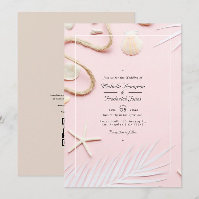 Invitation Mariage de plage avec code QR RSVP Rose poudré (Devant / Derrière)