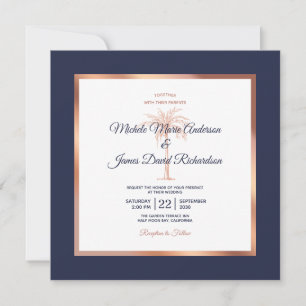 Invitation Mariage de plage avec palmier en or rose et cuivre