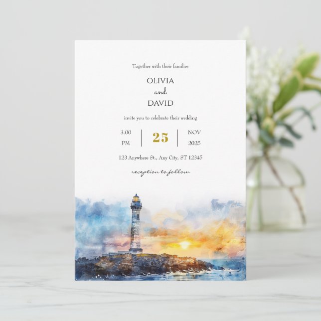Invitation Mariage de plage avec phare au coucher du soleil b (Debout devant)
