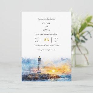 Invitation Mariage de plage avec phare au coucher du soleil b