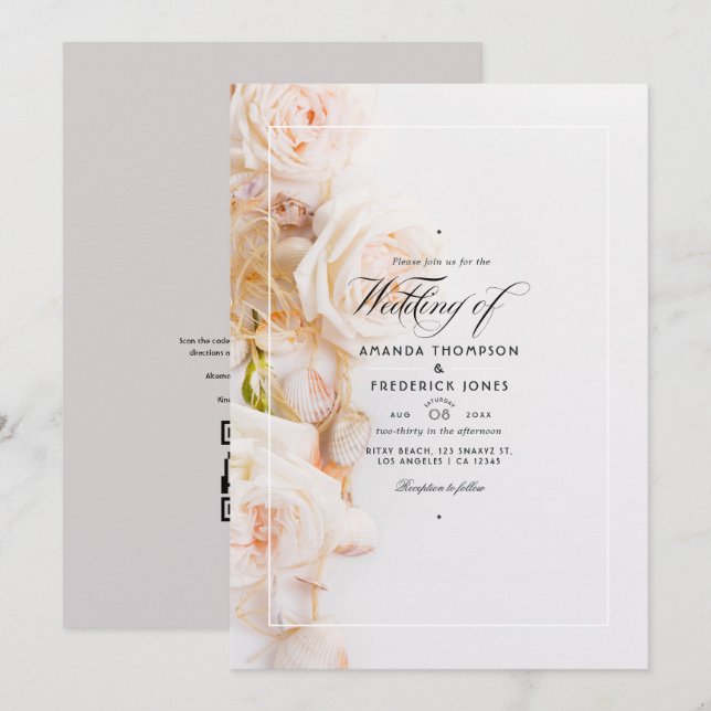 Invitation Mariage de plage avec QR Code RSVP Fleurs Élégante (Devant / Derrière)