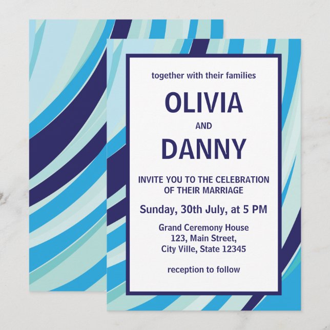 Invitation Mariage de plage avec rayures bleues abstraites mi (Devant / Derrière)