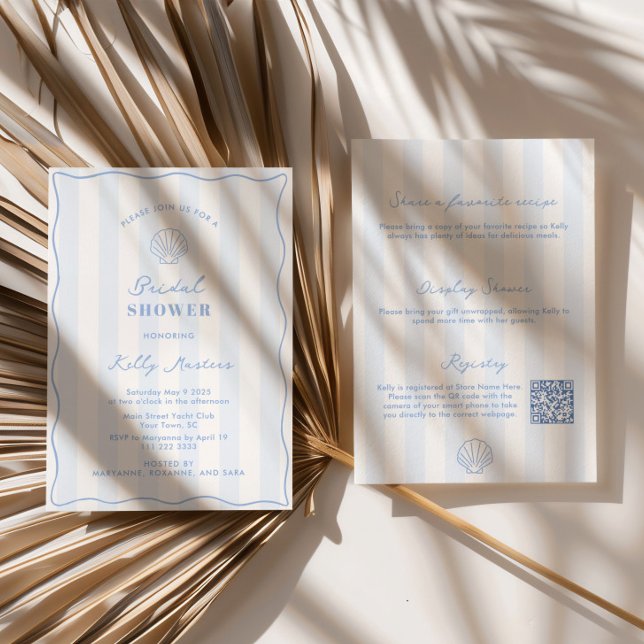 Invitation Mariage de plage bleu et blanc (Elegant and understated coastal themed double-sided bridal shower invitation with QR code)