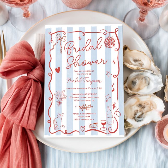 Invitation Mariage de plage bleu rouge rayé d'été (Coastal Blue Red Striped Summer Bridal Shower Invitation)