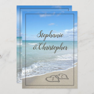 Invitation Mariage de plage Coeurs Monogrammes dans le sable