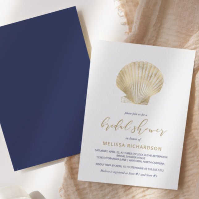 Invitation Mariage de plage coquillage doré sur fond bleu mar (Créateur téléchargé)