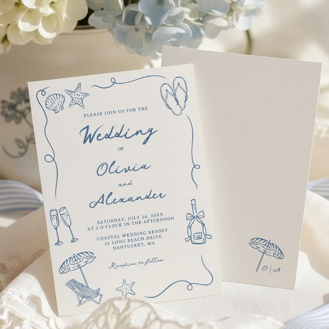 Invitation Mariage de plage côtier dessiné à la main bleu pou (Créateur téléchargé)