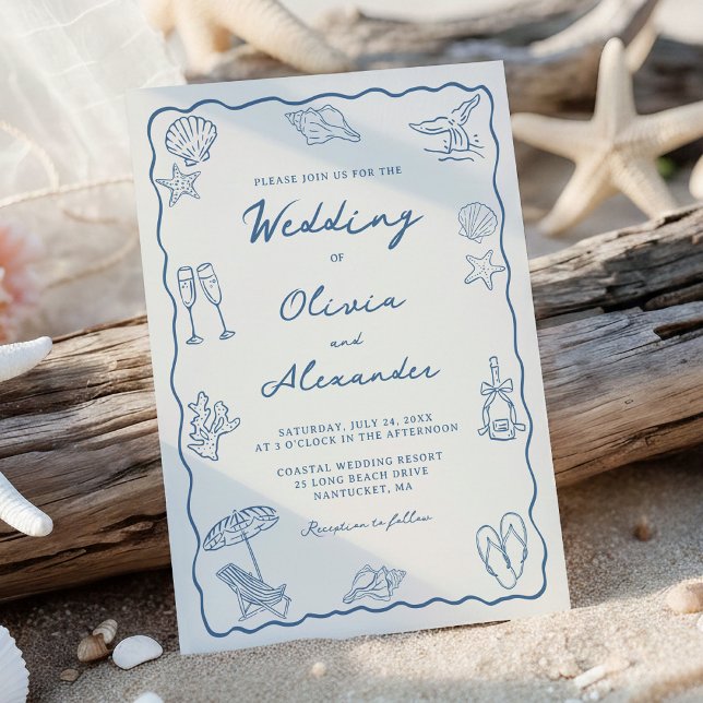 Invitation Mariage de plage côtier fantaisiste dessiné à la m (Créateur téléchargé)