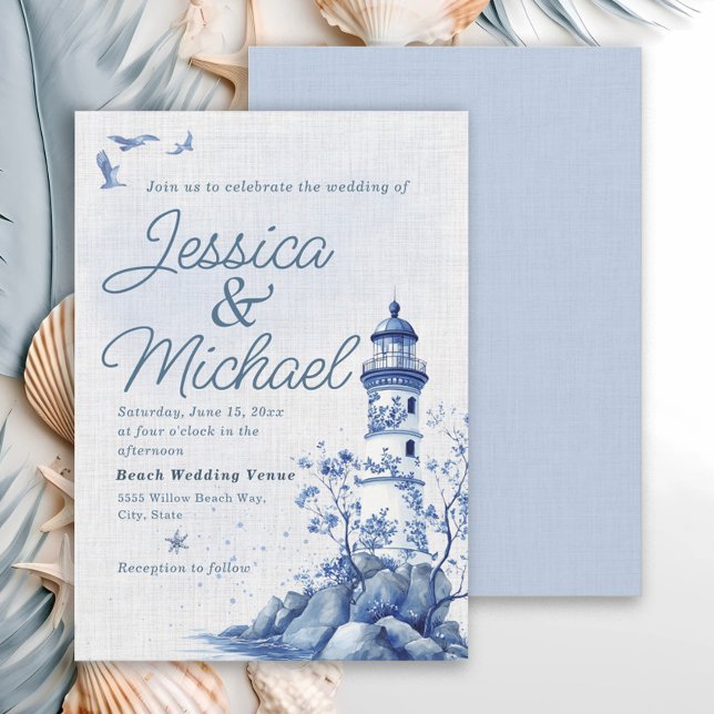 Invitation Mariage de plage côtière au phare bleu blanc (Blue and white lighthouse/nautiical/beach wedding invitation)