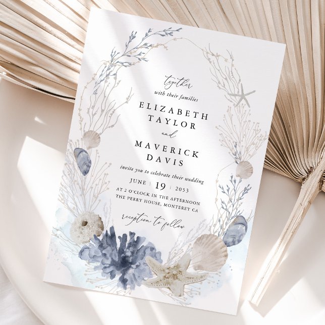 Invitation Mariage de plage côtière aux coquillages bleus (Beach Wedding Invitation Blue Coastal Seashell Invitation Ocean Destination Wedding Card)